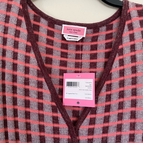 KATE SPADE Dress Plaid Faux Wrap Knit Dress Above Knee V Neck - Picture 11 of 11